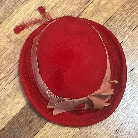Vintage 60s Womens Red Wool Bowler Hat Orange Grosgrain Ribbon Netting Buttons main image 6